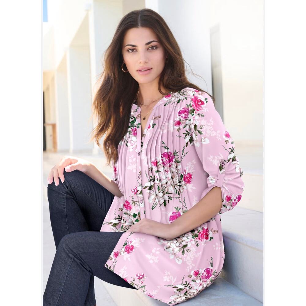 Roaman's Pink Floral Big Shirt Button Up Tunic Lightweight Pintuck Cotton 20w - Picture 3 of 9